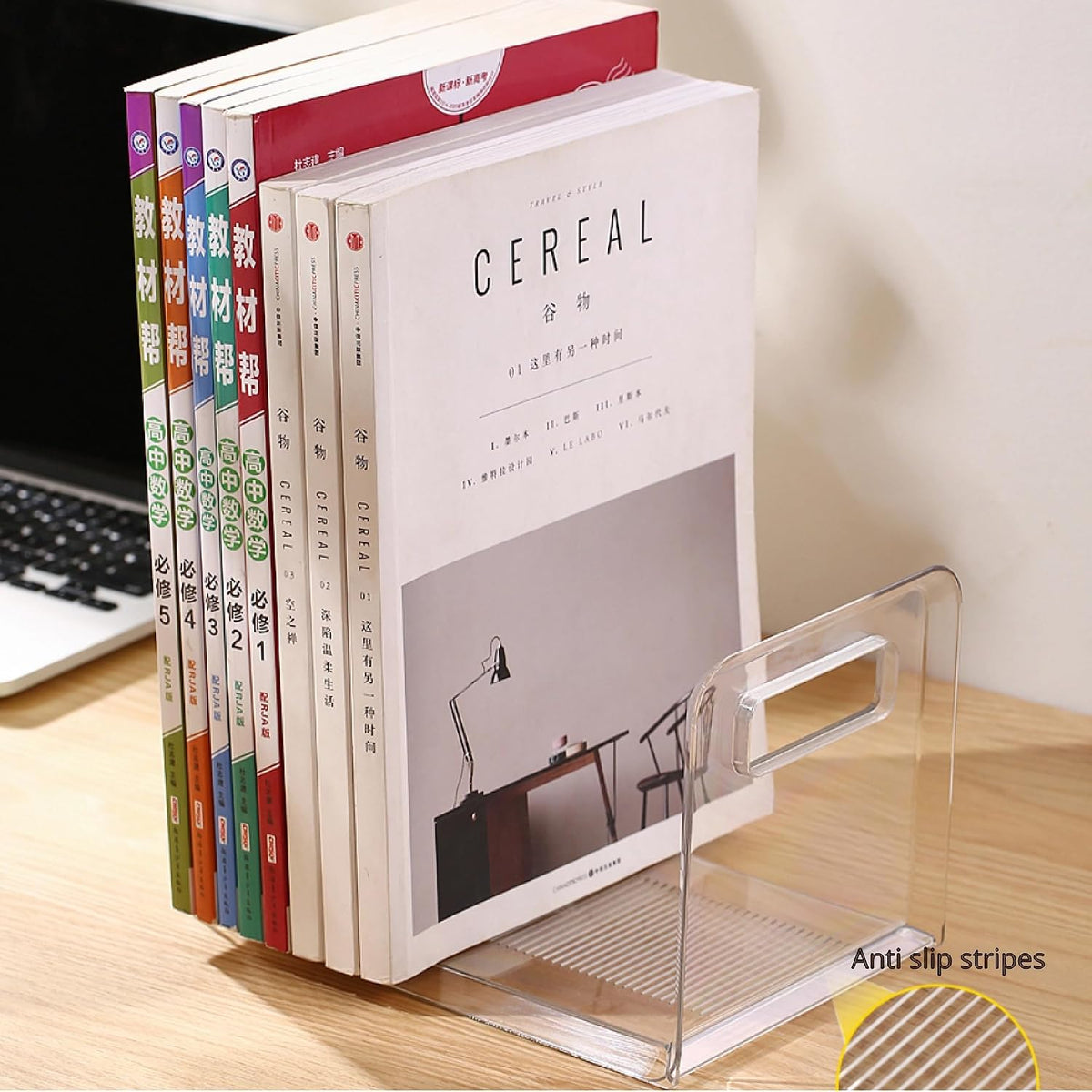 TONSNY Clear Book Display Storage Plastic Book Stand Organizer Transparent for Desk, Bookends with Side Guard, Book Storage Space-Saving Desk Bookshelf, L8.7”x W5.9