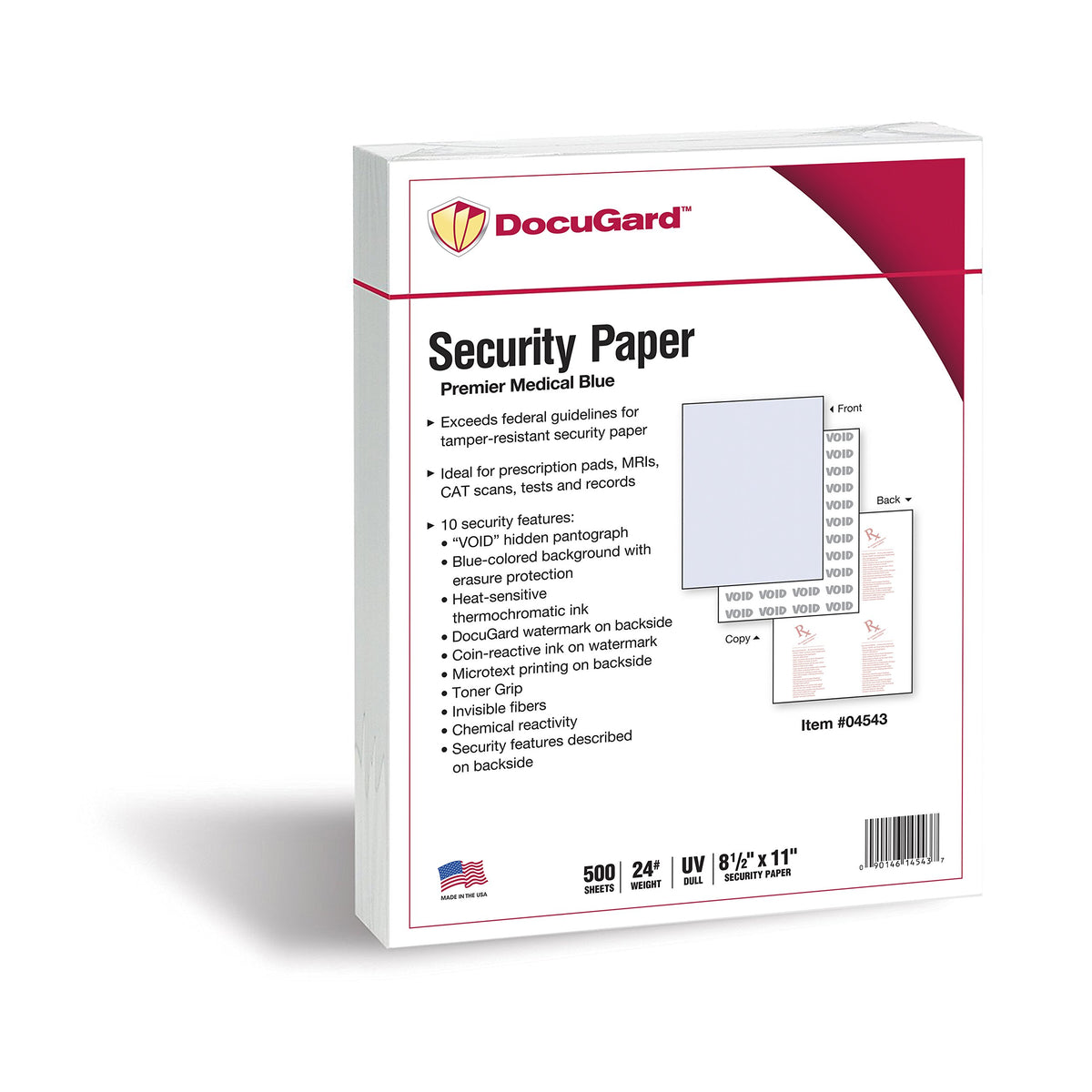 DocuGard Medical Security Papers, 24 lb Bond Weight, 8.5 x 11, Blue, 500/Ream