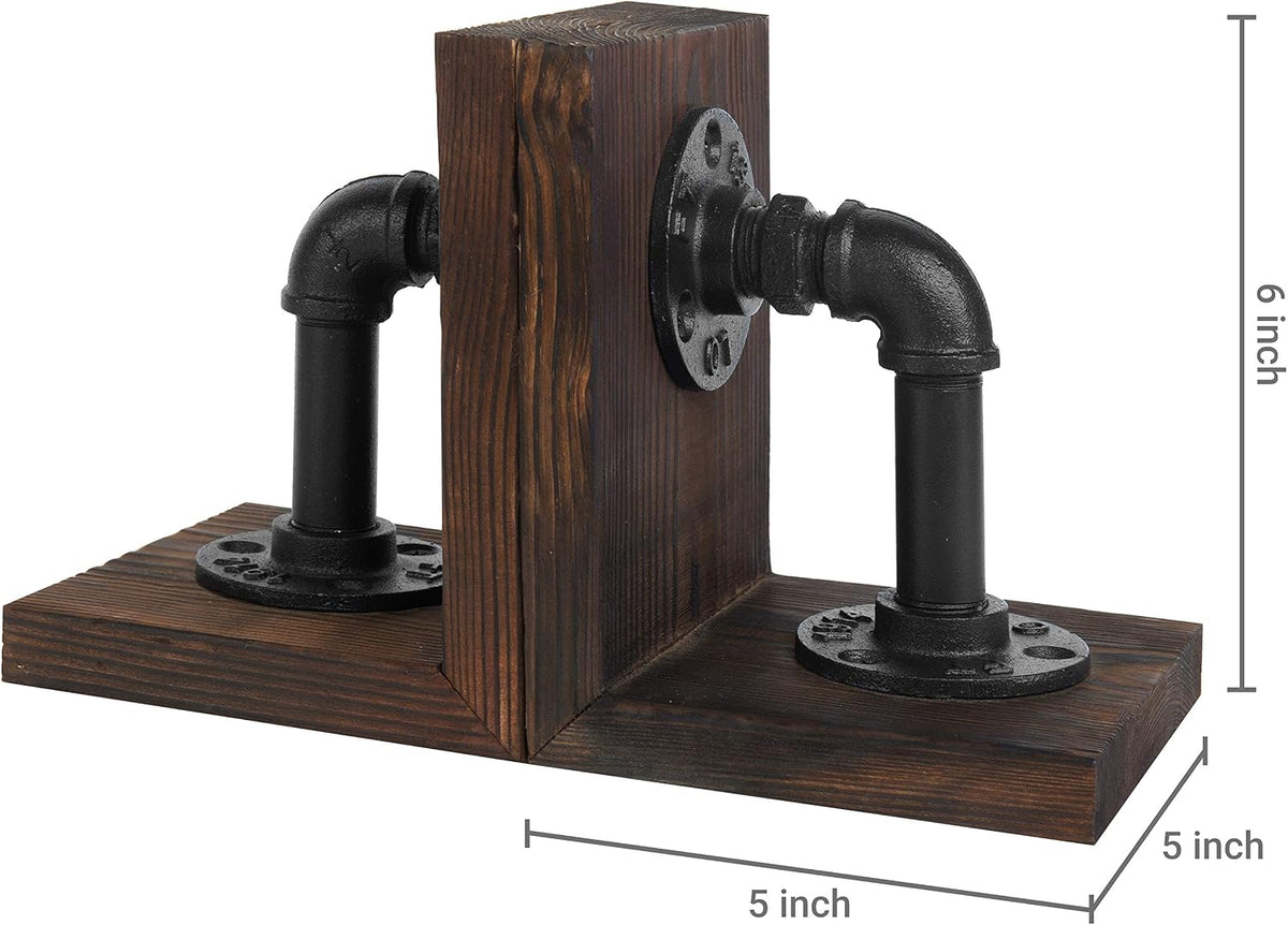 MyGift Burnt Wood Bookends with Metal Industrial Pipe Design, 2 Piece Set