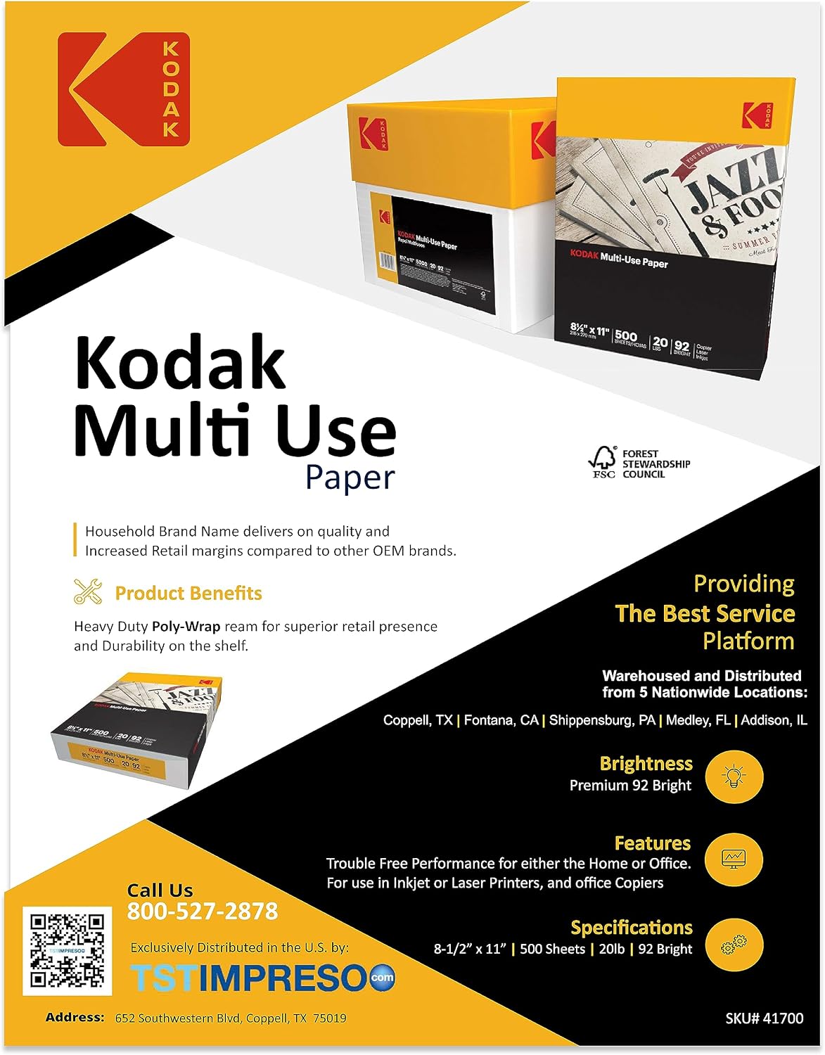 Kodak Printer Paper 8.5 x 11 | 20 lb Copy Paper 92 Bright | 3 Reams | 1,500 Sheets