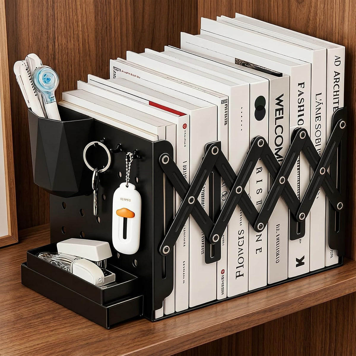 Heavy Duty Expandable Bookends with Pen Holder, Metal Adjustable Book Ends for Shelves 4 to 18 Inches, Multi-Functional Desk Organizer with Pegboard, Hooks, and Drawer Storage for Office, School