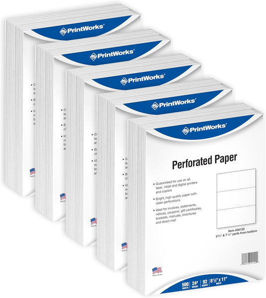 PrintWorks Professional 3 Part Perforated Paper 8.5” x 11” - Perfect For W-2, 1099, & Statement Use - Made in the USA - 2500 Sheets - 24 lb - Printer Compatible - White (04122C)