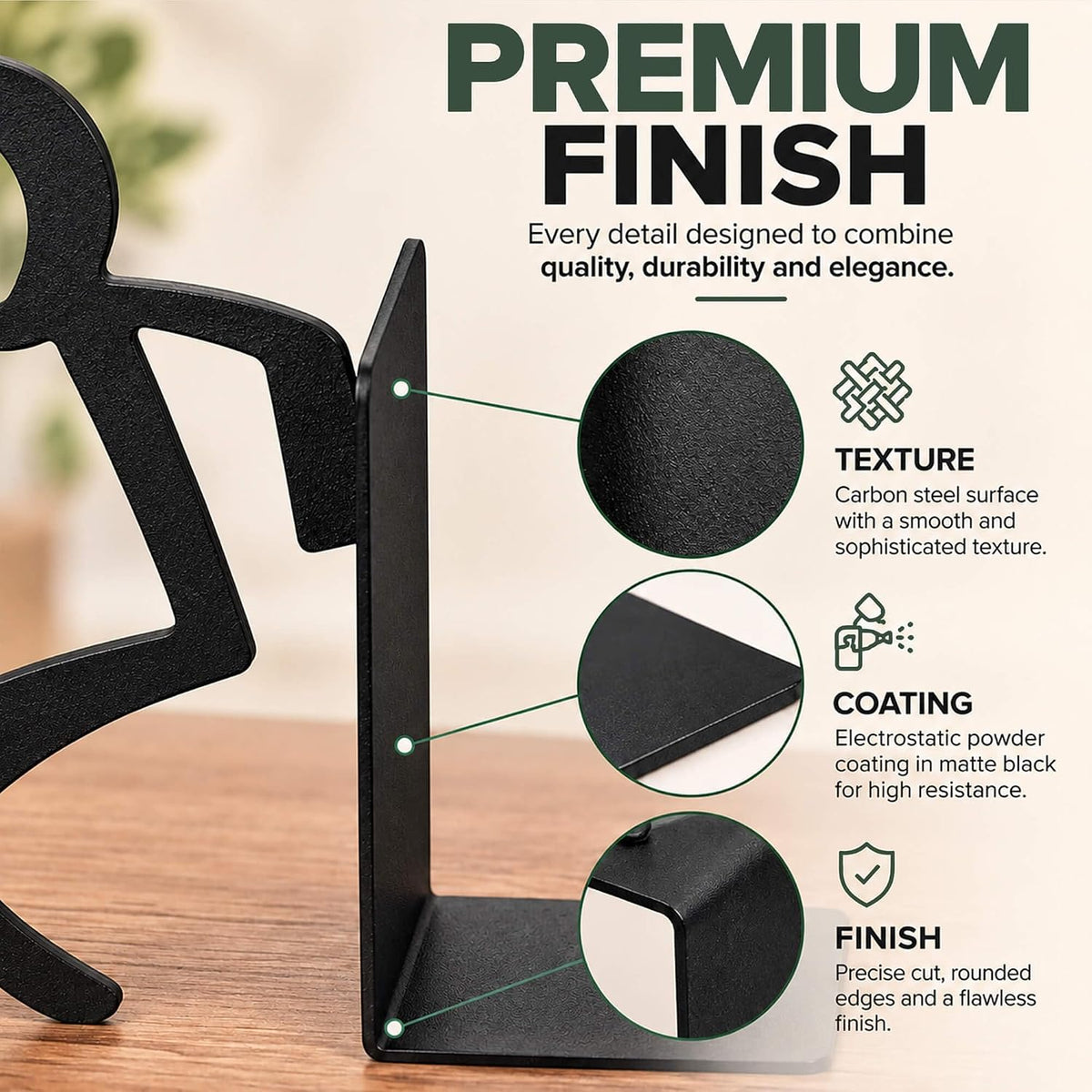 Figurine Bookends with Book-Holding Characters - Steel with Epoxy Coating - Decorative Pair of Book Holders for Shelves, Desk, and Office - Black – Geguton