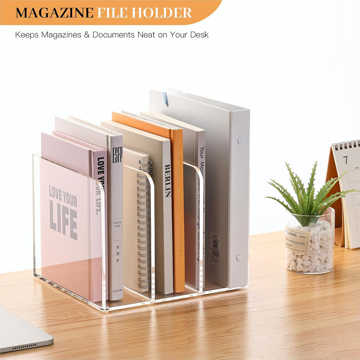 HeZone Acrylic Magazine File Holder 3 Slot Vertical Desk Organizer Clear