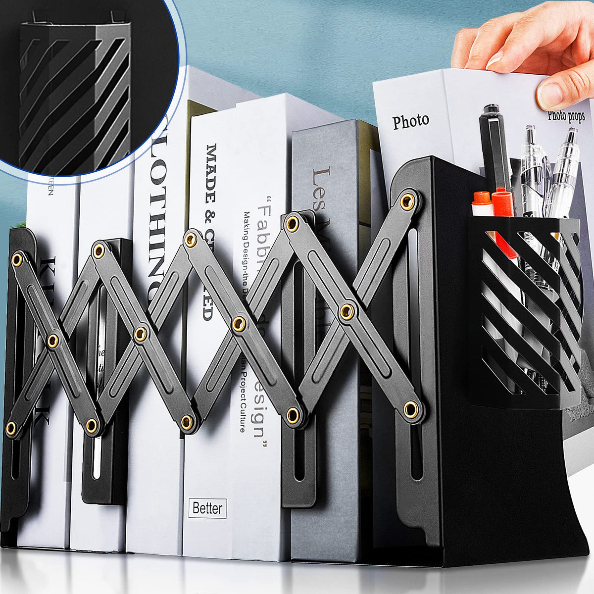 Heavy Duty Book Ends to Hold Books with Pen Holder, Adjustable Bookends, Metal Book Ends for Shelves, Black Book Holders Binder Organizer for Bookshelf Desk - White