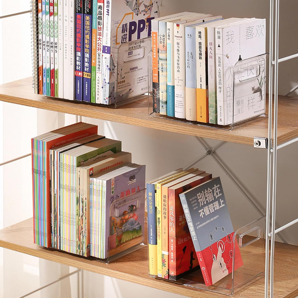 TONSNY Clear Book Display Storage Plastic Book Stand Organizer Transparent for Desk, Bookends with Side Guard, Book Storage Space-Saving Desk Bookshelf, L8.7”x W5.9