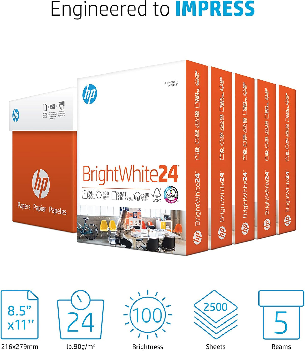 HP Papers | 8.5 x 11 Paper | BrightWhite 24 lb |5 Ream - 2500 Sheets| 100 Bright | Made in USA - FSC Certified | 203000C