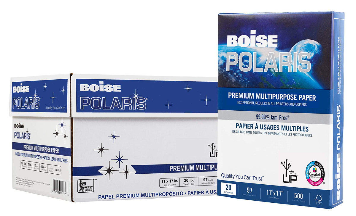 Boise POLARIS Premium Multi-Use Printer & Copy Paper, 10 Reams, White, Letter (8.5inx11in), 5000 Sheets Per Case, 20 Lb, 97 Brightness, FSC Certified
