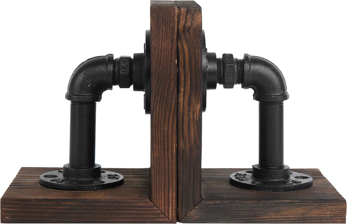 MyGift Burnt Wood Bookends with Metal Industrial Pipe Design, 2 Piece Set