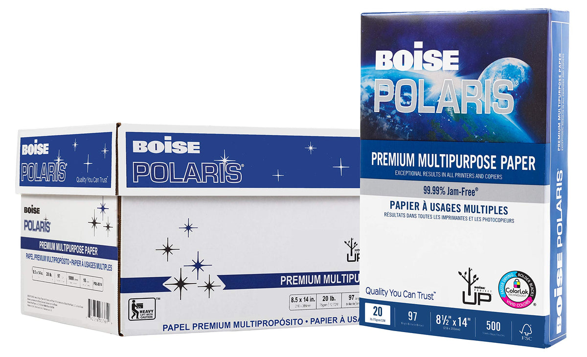 Boise POLARIS Premium Multi-Use Printer & Copy Paper, 10 Reams, White, Letter (8.5inx11in), 5000 Sheets Per Case, 20 Lb, 97 Brightness, FSC Certified