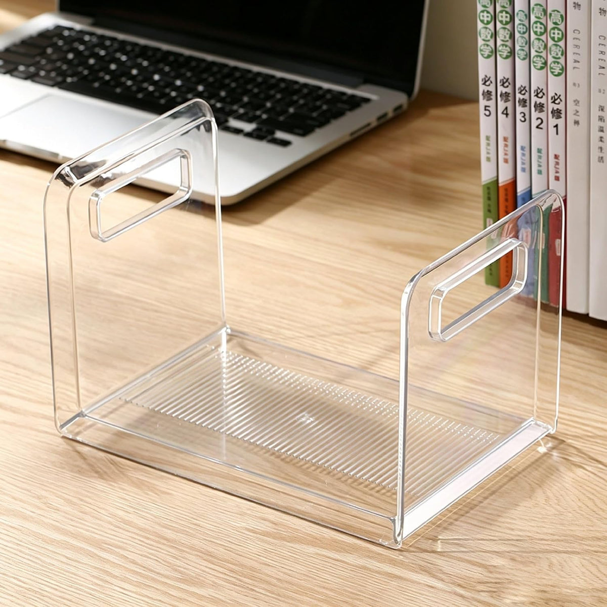 TONSNY Clear Book Display Storage Plastic Book Stand Organizer Transparent for Desk, Bookends with Side Guard, Book Storage Space-Saving Desk Bookshelf, L8.7”x W5.9