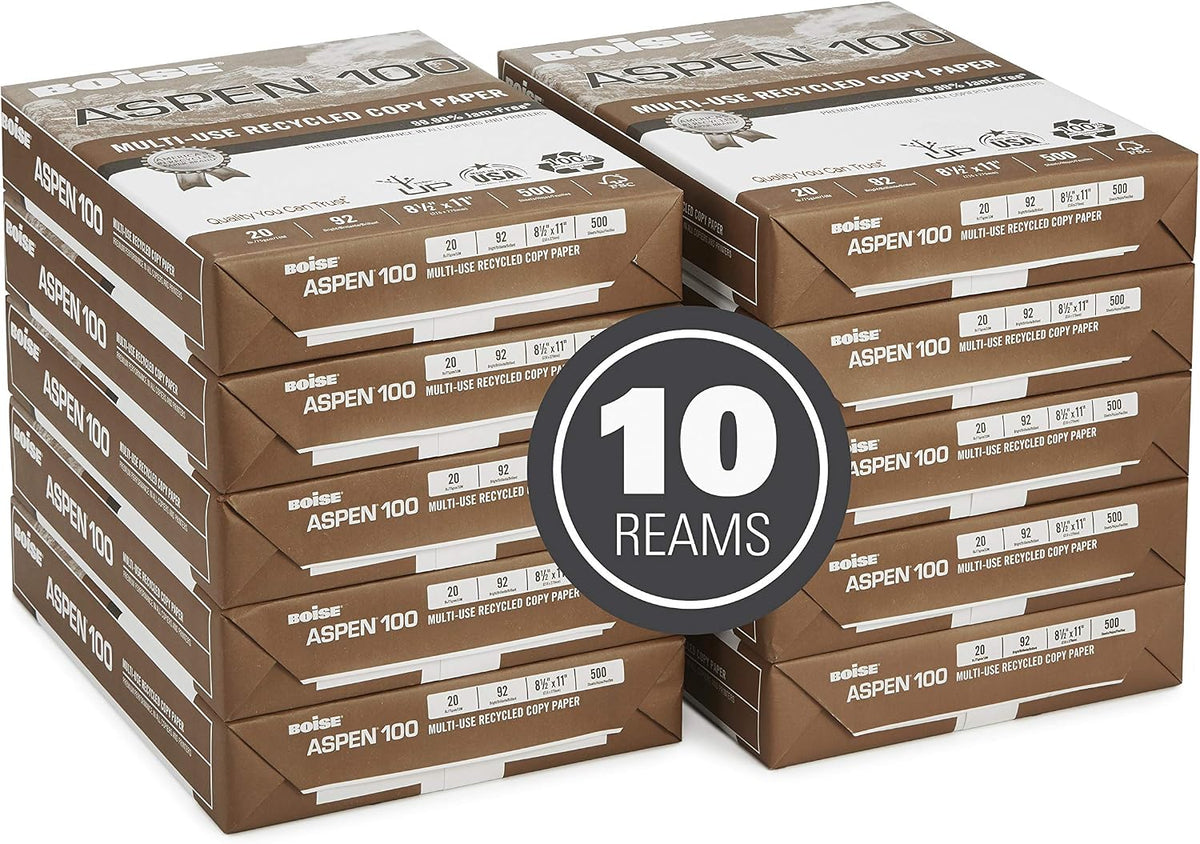 Boise Paper 100% Recycled Multi-Use Copy Paper, 8.5" x 11" Letter, 92 Bright White, 20 lb, 10 Ream Carton (5,000 Sheets)