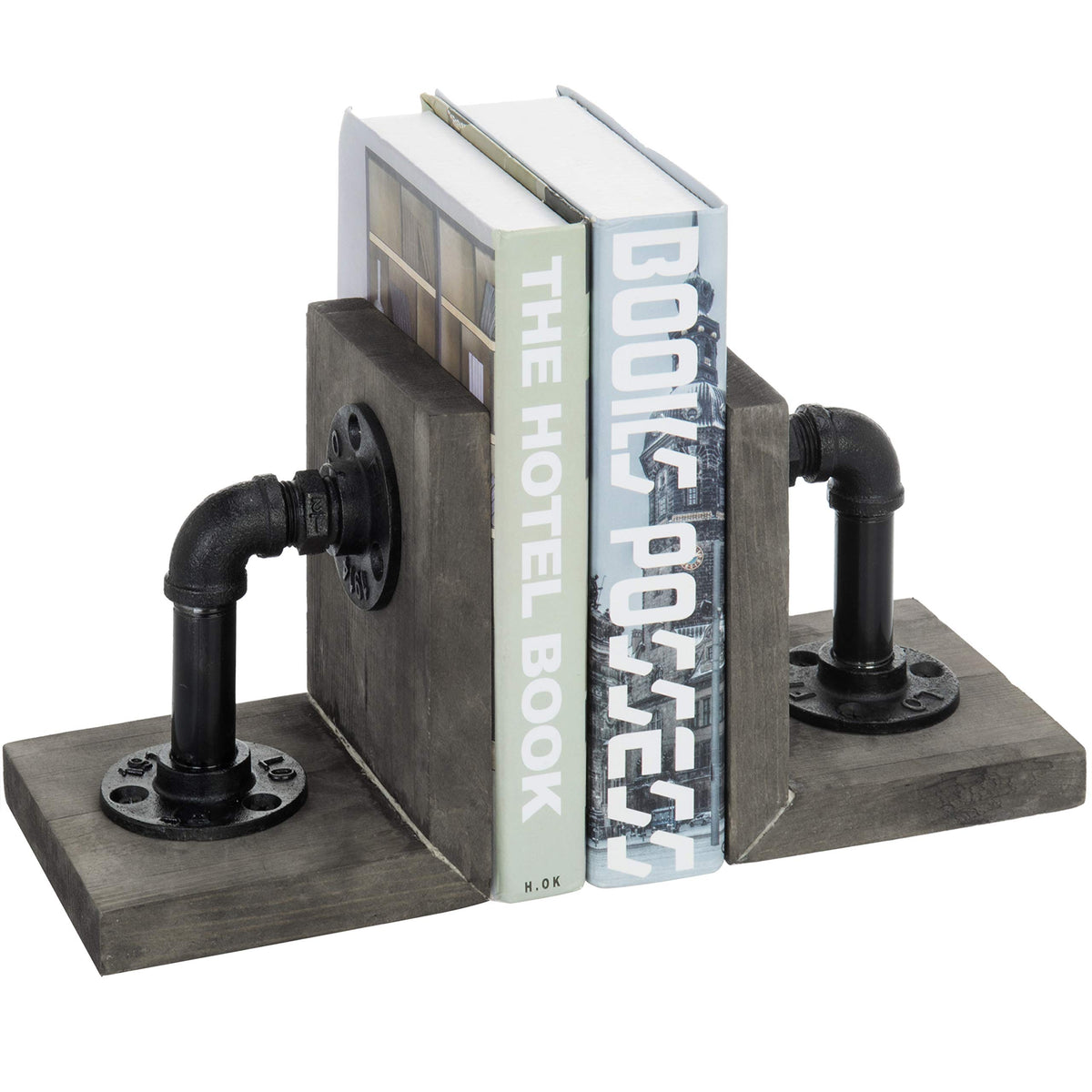 MyGift Burnt Wood Bookends with Metal Industrial Pipe Design, 2 Piece Set