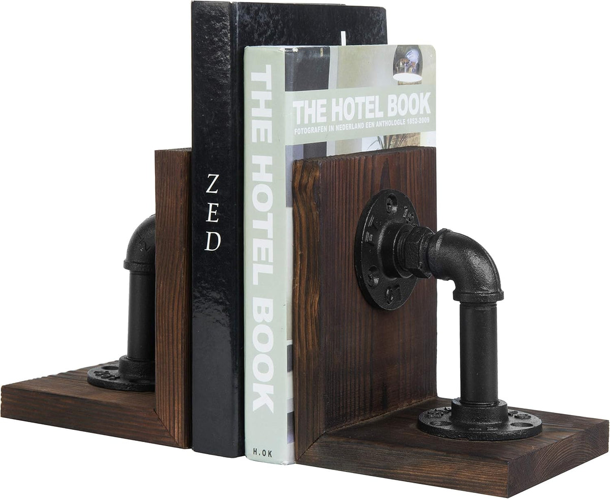 MyGift Burnt Wood Bookends with Metal Industrial Pipe Design, 2 Piece Set
