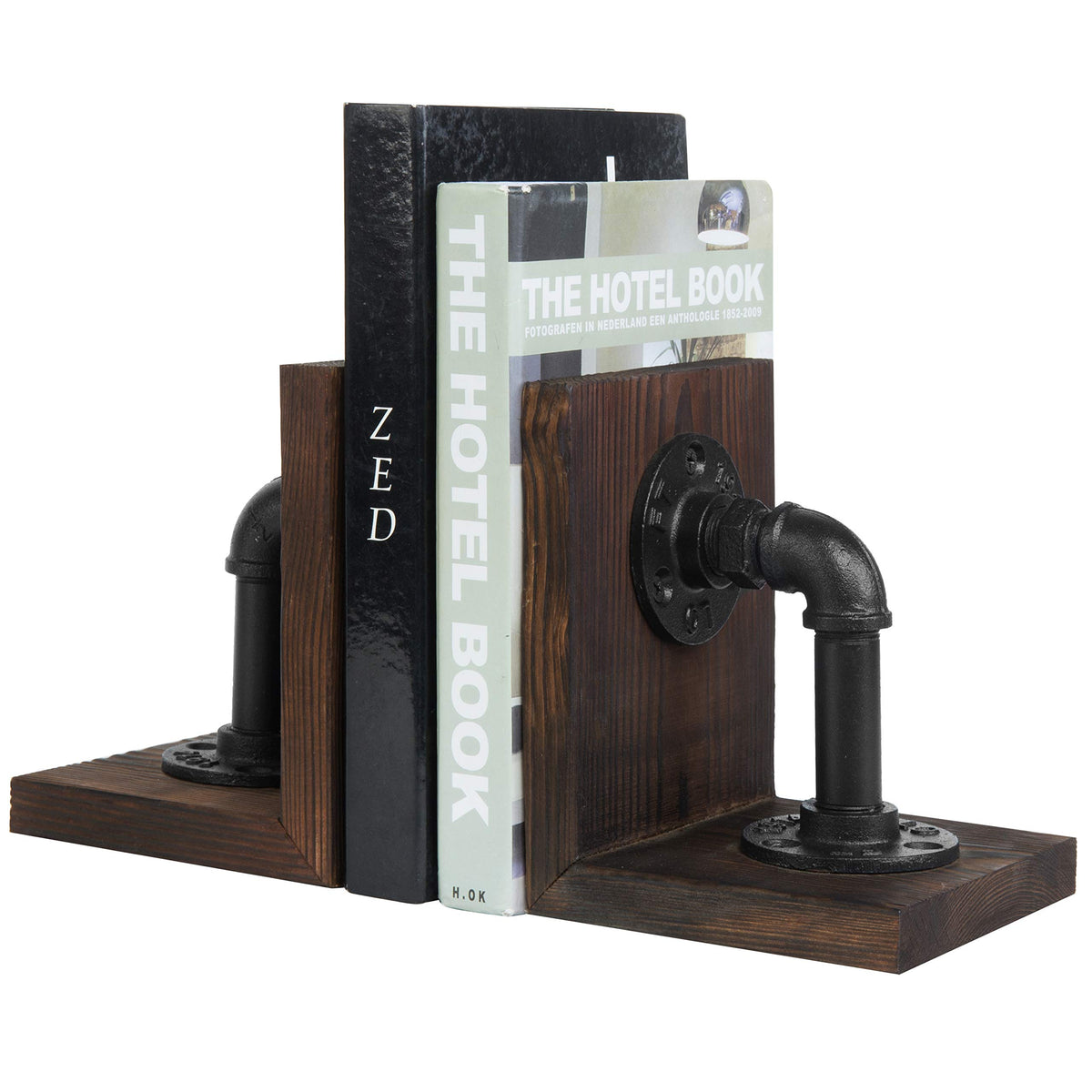 MyGift Burnt Wood Bookends with Metal Industrial Pipe Design, 2 Piece Set