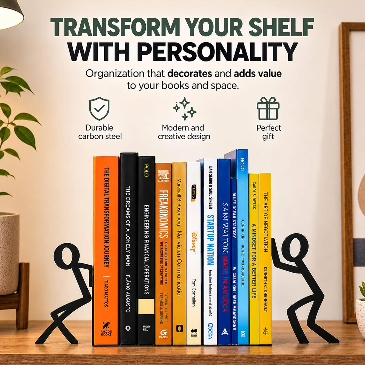 Figurine Bookends with Book-Holding Characters - Steel with Epoxy Coating - Decorative Pair of Book Holders for Shelves, Desk, and Office - Black – Geguton