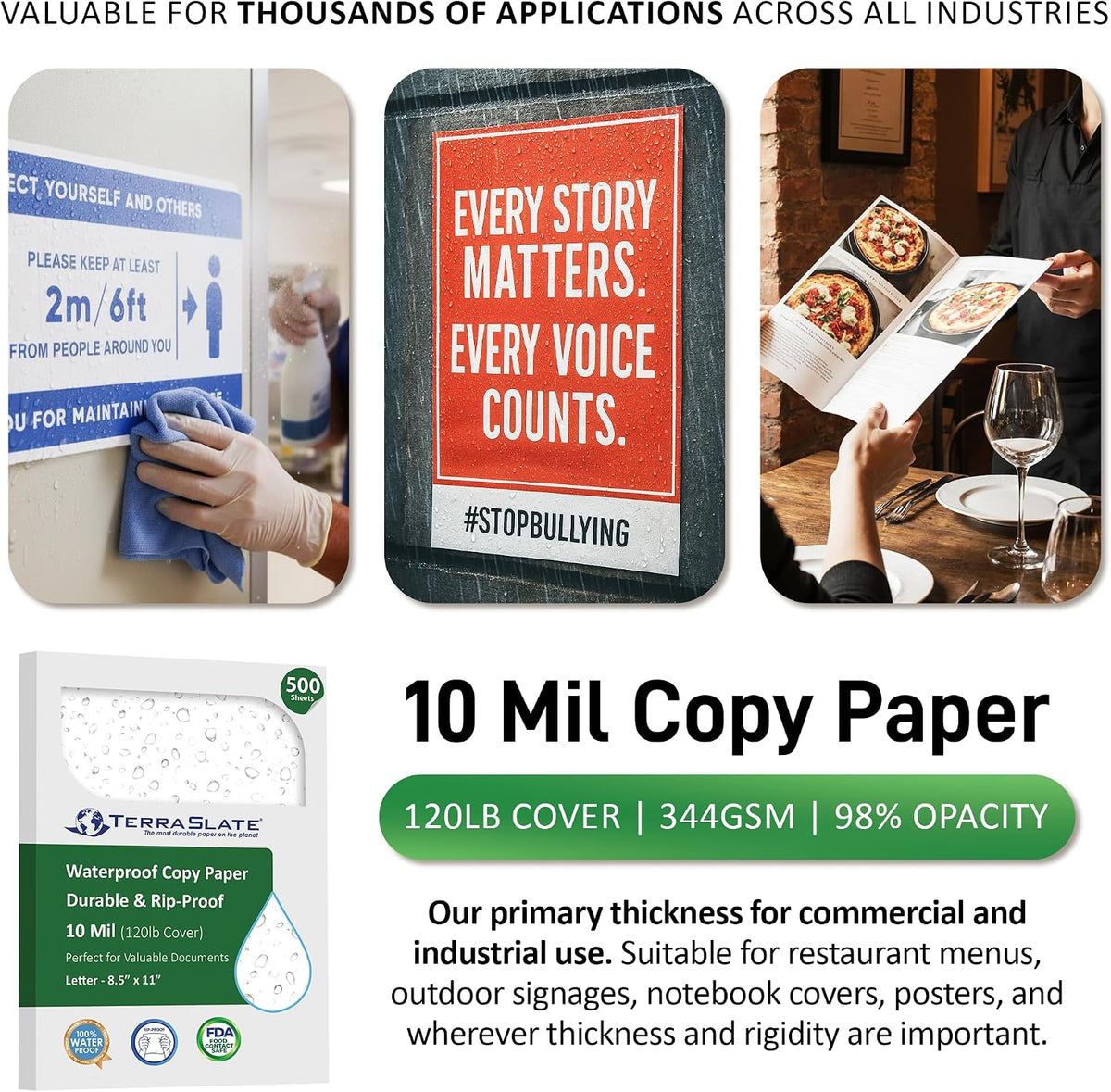TerraSlate Waterproof Laser Printer Paper, 10 Mil 8.5" x 11", Bulk Copy Paper, White (500 Sheets)