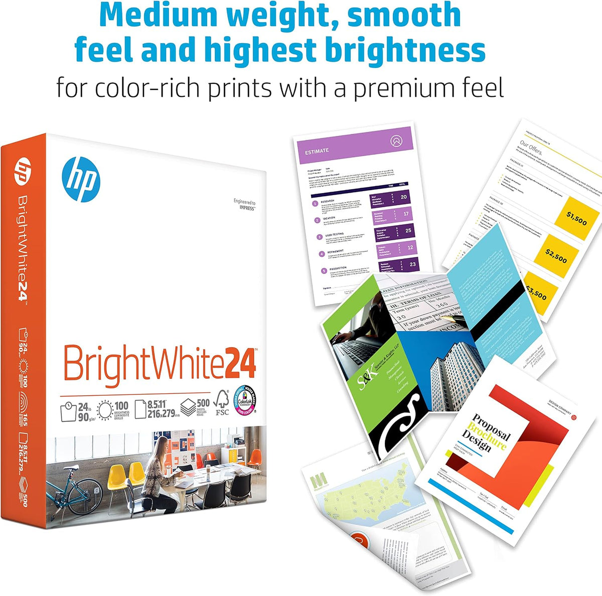 HP Papers | 8.5 x 11 Paper | BrightWhite 24 lb |5 Ream - 2500 Sheets| 100 Bright | Made in USA - FSC Certified | 203000C
