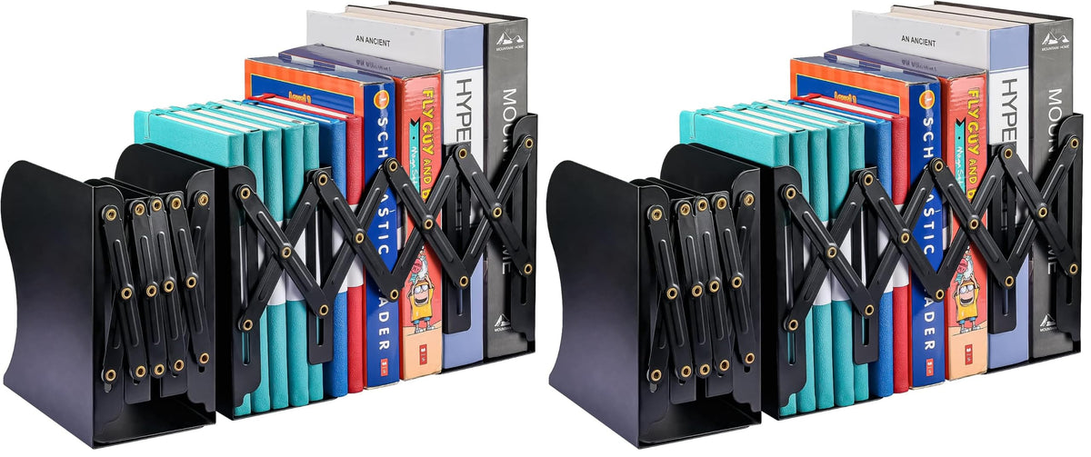 2 Pack Adjustable Metal Book Ends for Heavy Books, Extends Up to 19", Black