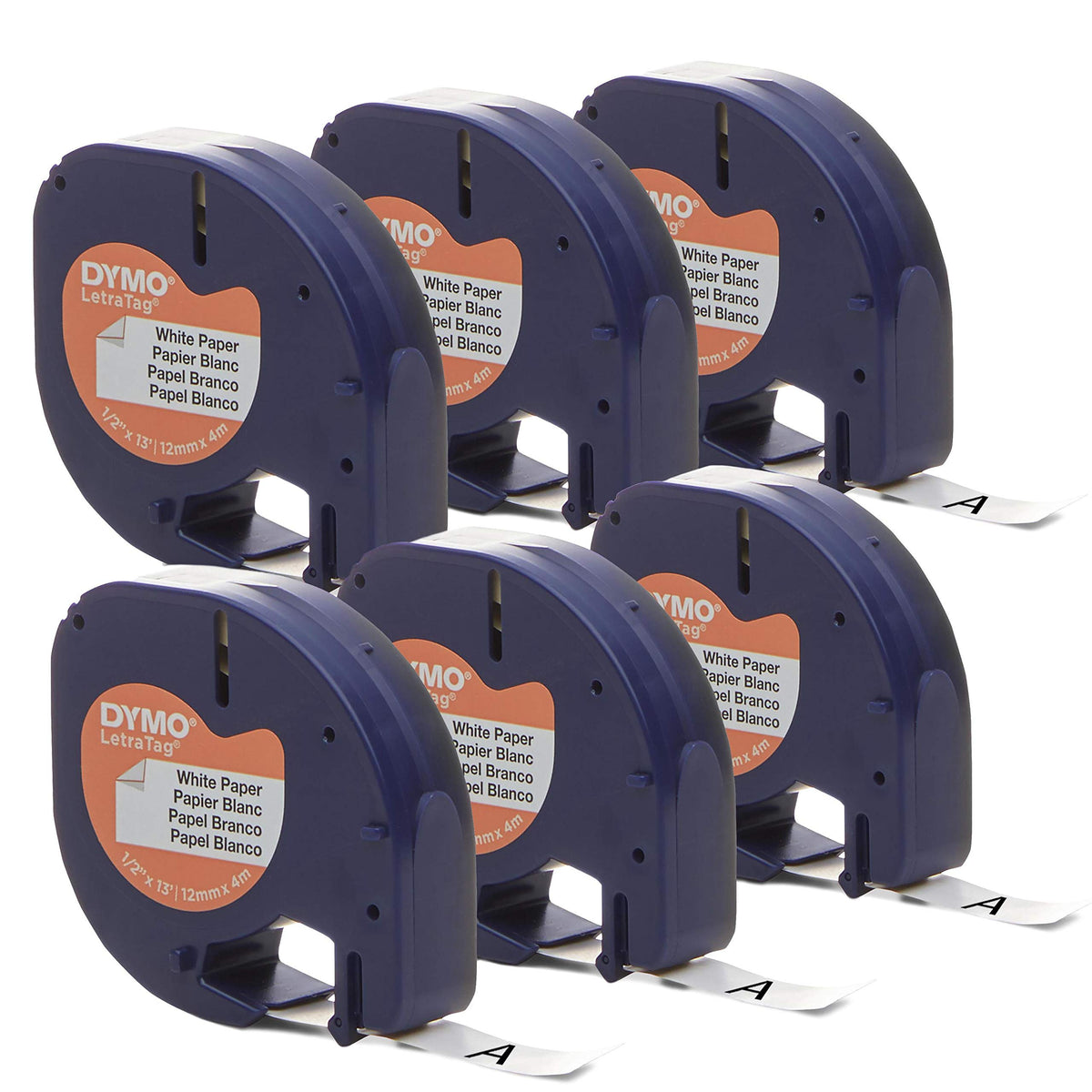 DYMO Authentic LT Plastic Labeling Tape for LetraTag Label Makers, 1/2" (12mm), Black Print on Clear Tape, 6-Pack
