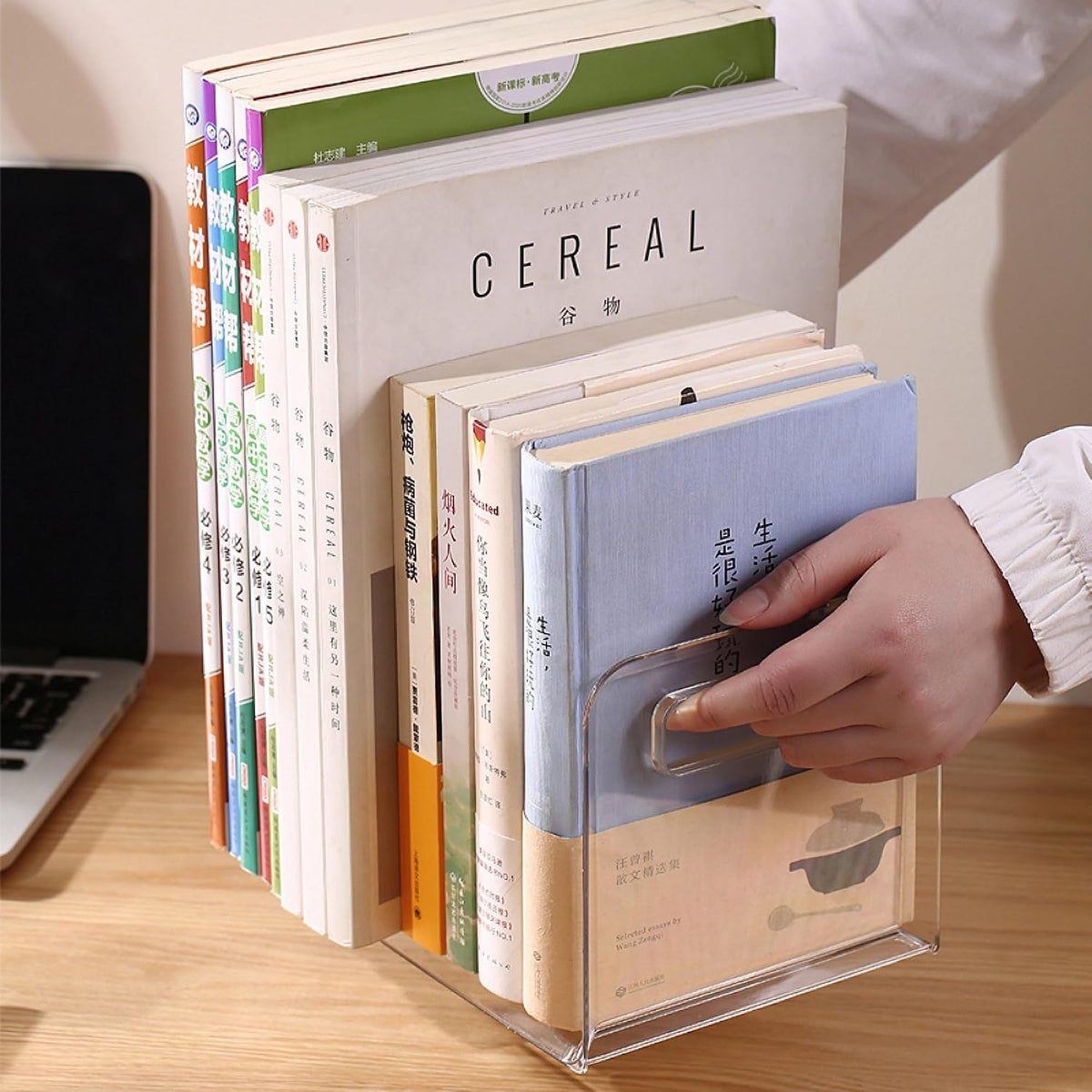 TONSNY Clear Book Display Storage Plastic Book Stand Organizer Transparent for Desk, Bookends with Side Guard, Book Storage Space-Saving Desk Bookshelf, L8.7”x W5.9