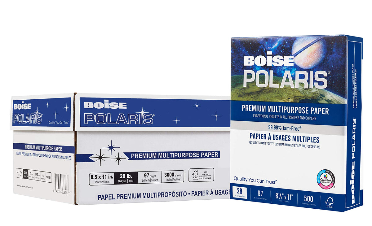 Boise POLARIS Premium Multi-Use Printer & Copy Paper, 10 Reams, White, Letter (8.5inx11in), 5000 Sheets Per Case, 20 Lb, 97 Brightness, FSC Certified