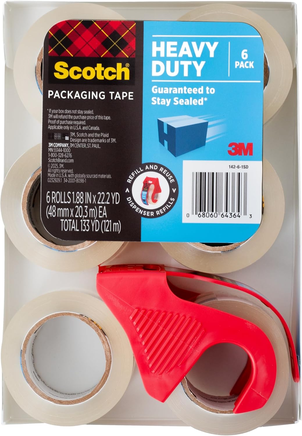 Scotch Heavy Duty Packing Tape, 1.88 in x 800 in, 6 Disp. Rolls