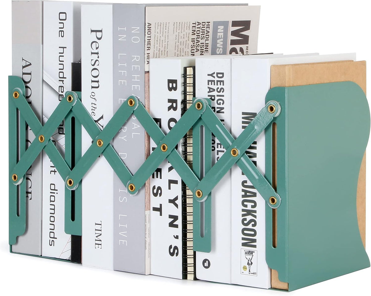 Adjustable Metal Bookends Heavy Duty for Shelves, 2 Dividers, Anti-Slip Design Expandable Book Ends for Desk, Office(Dark Green, 19 inches Max)
