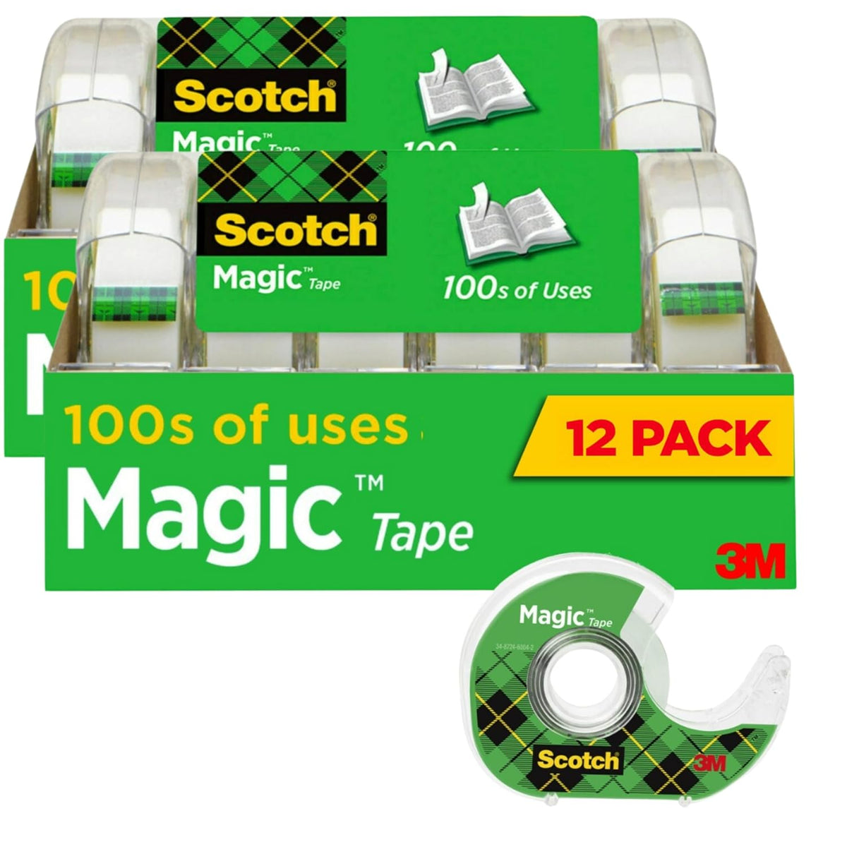 Scotch Magic Tape, 12 Rolls (2 x 6-Packs) Each with Dispenser, Invisible Matte Finish, Permanent Adhesive, 3/4 in x 350 in per Roll, Ideal for Home, School and Office