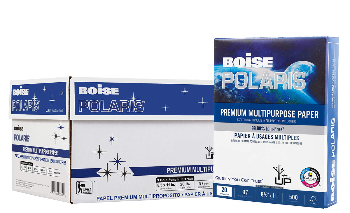 Boise POLARIS Premium Multi-Use Printer & Copy Paper, 10 Reams, White, Letter (8.5inx11in), 5000 Sheets Per Case, 20 Lb, 97 Brightness, FSC Certified
