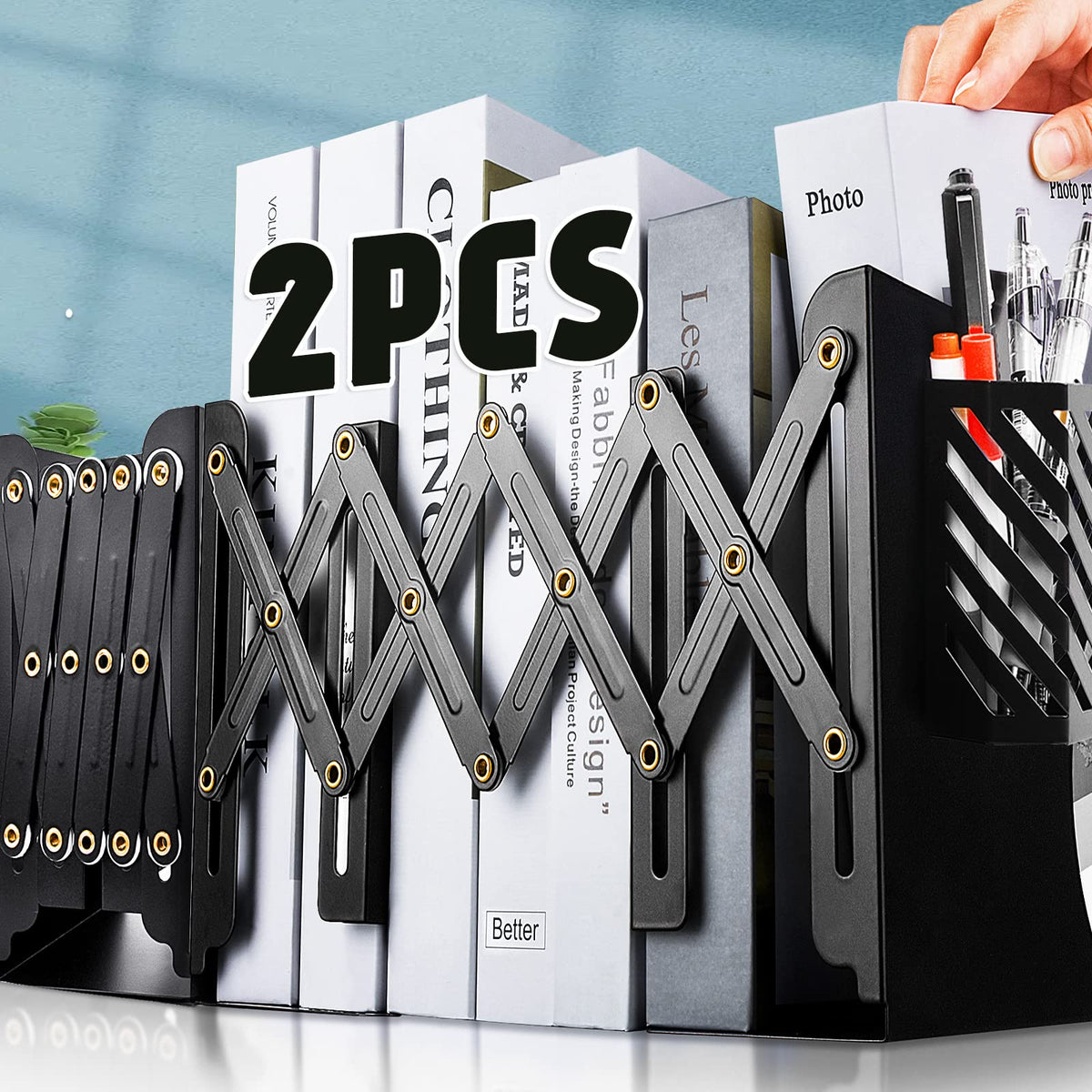 Heavy Duty Book Ends to Hold Books with Pen Holder, Adjustable Bookends, Metal Book Ends for Shelves, Black Book Holders Binder Organizer for Bookshelf Desk - White