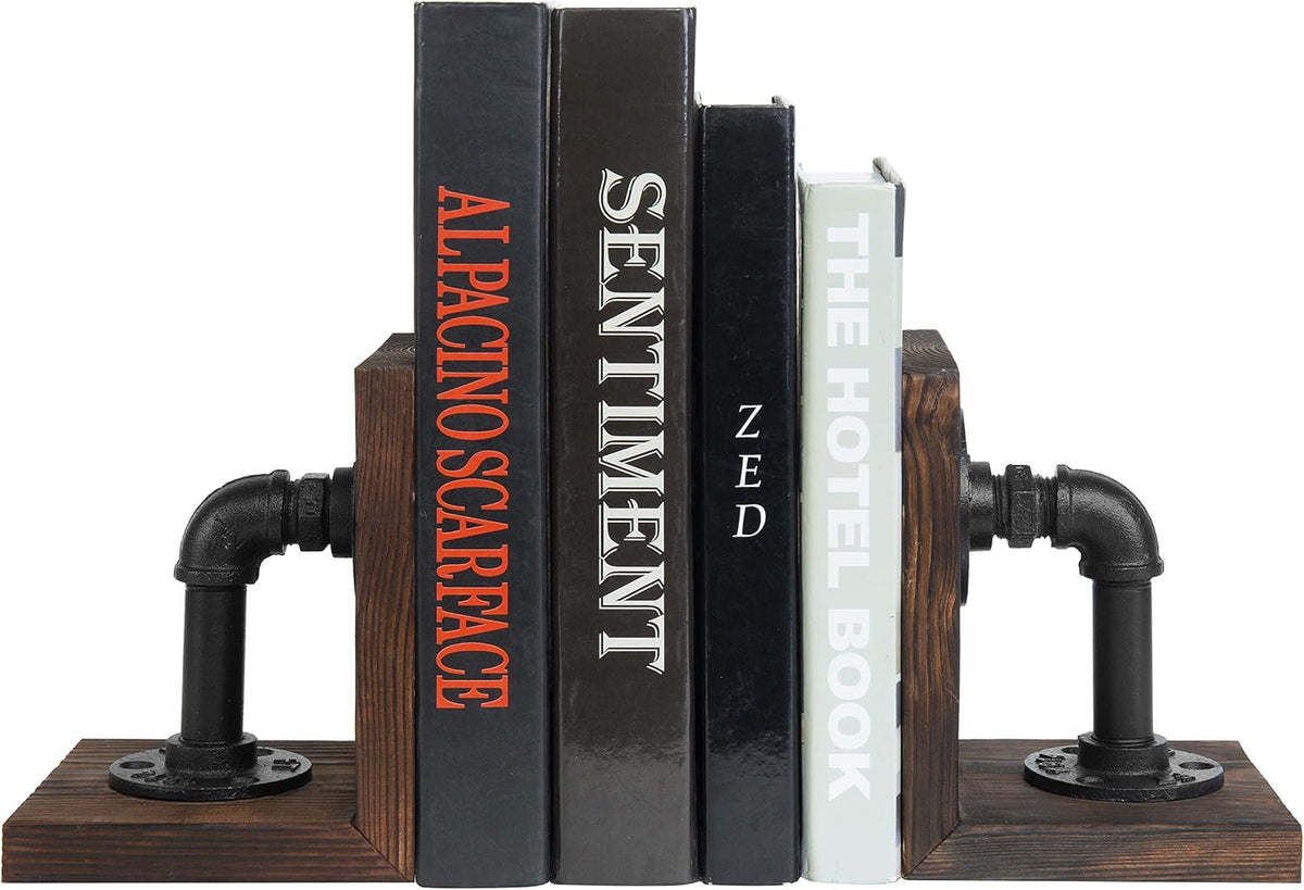 MyGift Burnt Wood Bookends with Metal Industrial Pipe Design, 2 Piece Set
