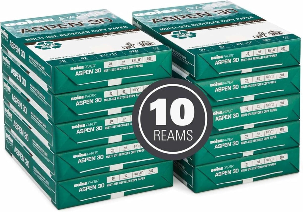Boise ASPEN 30 Multi-Use Printer & Copy Paper, 10 Reams, White, Letter Size, 5000 Sheets Per Case- 054901-CTN