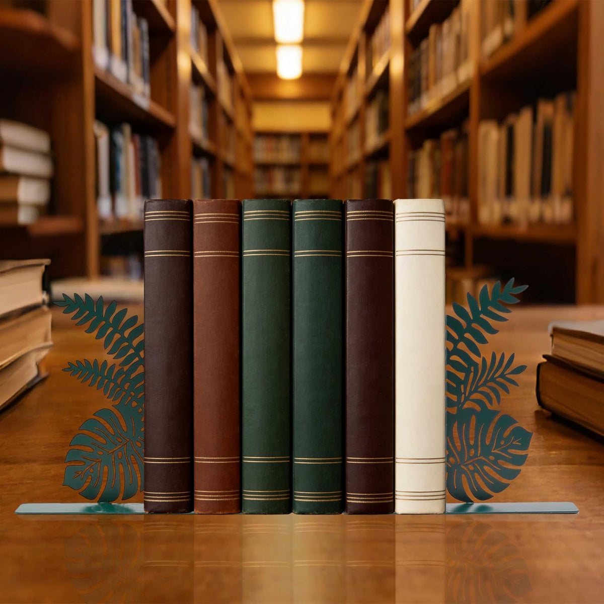 Green Leaf Metal Bookends, Cute Unique Botanical Plant Decorative Book Ends for Bookshelf Office Living Room Reading Room Kitchen Guest Room, Nature Tropical Jungle Hawaii Home Decor