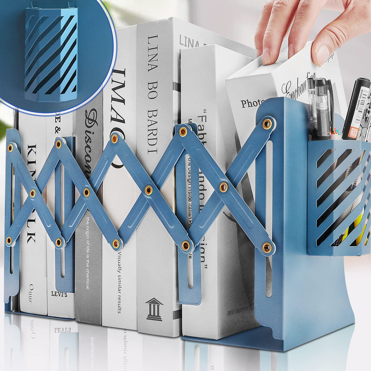 Heavy Duty Book Ends to Hold Books with Pen Holder, Adjustable Bookends, Metal Book Ends for Shelves, Black Book Holders Binder Organizer for Bookshelf Desk - White