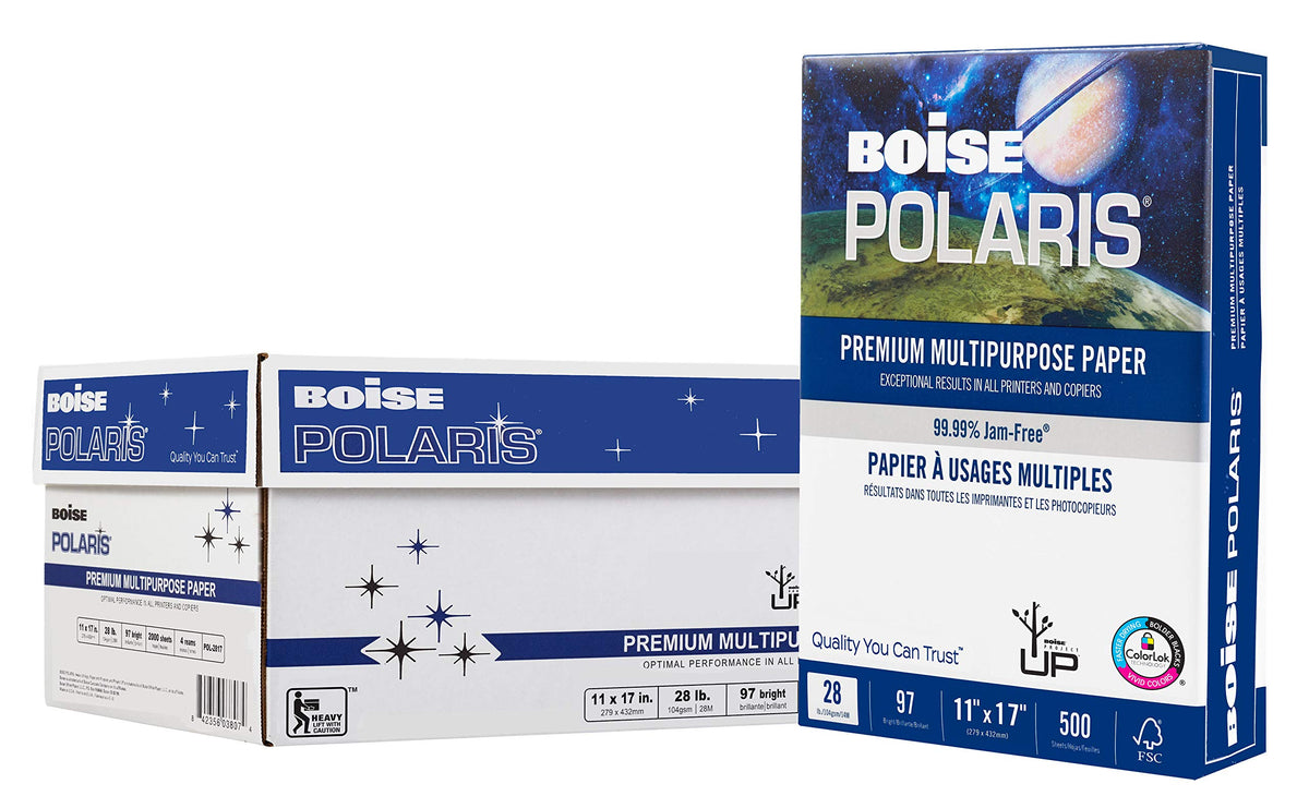Boise POLARIS Premium Multi-Use Printer & Copy Paper, 10 Reams, White, Letter (8.5inx11in), 5000 Sheets Per Case, 20 Lb, 97 Brightness, FSC Certified