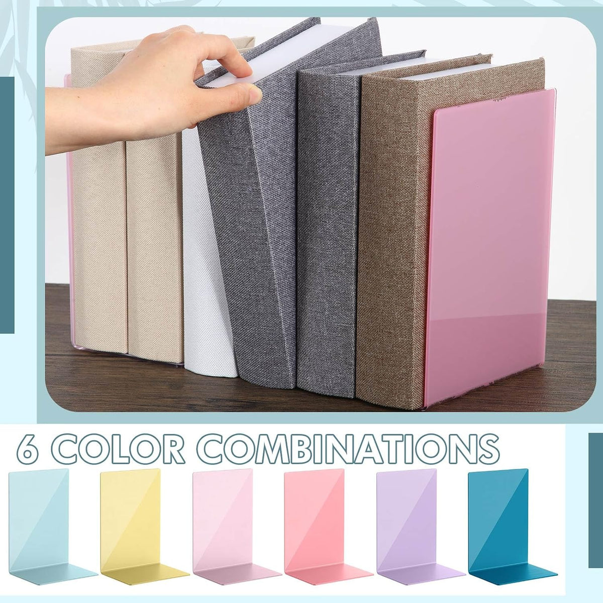 6Pcs Acrylic Bookends for Shelves Colorful Book Ends,Candy Colors