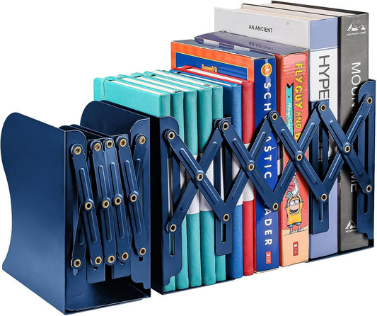 2 Pack Adjustable Metal Book Ends for Heavy Books, Extends Up to 19", Blue