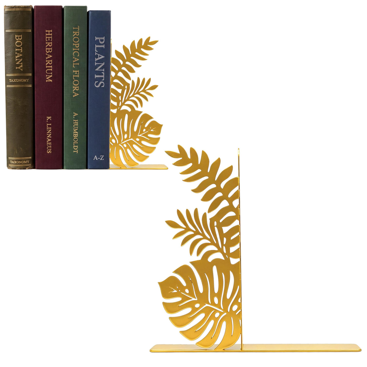 Green Leaf Metal Bookends, Cute Unique Botanical Plant Decorative Book Ends for Bookshelf Office Living Room Reading Room Kitchen Guest Room, Nature Tropical Jungle Hawaii Home Decor