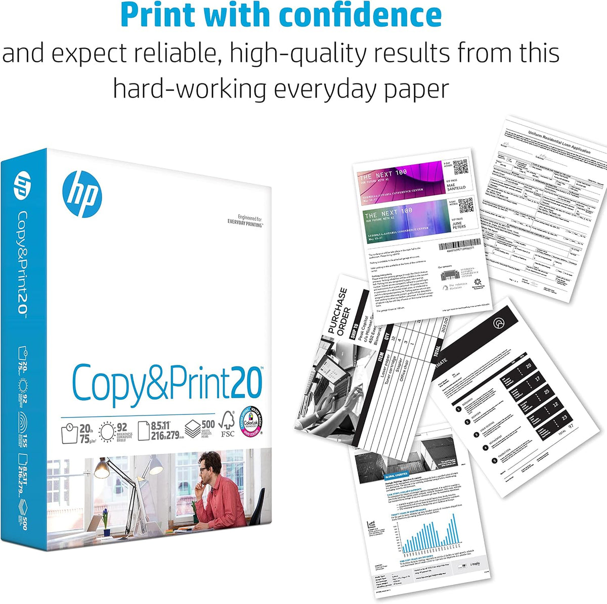 HP Printer Papers | 8.5 x 11 Paper | Copy &Print 20 lb| 6 Pack Case - 2,400 Sheets | 92 Bright | FSC Certified | 200010C