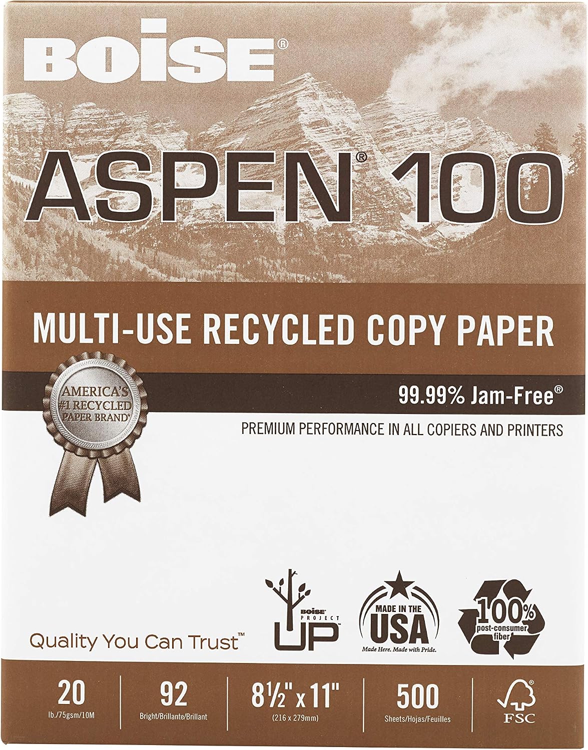 Boise Paper 100% Recycled Multi-Use Copy Paper, 8.5" x 11" Letter, 92 Bright White, 20 lb, 10 Ream Carton (5,000 Sheets)