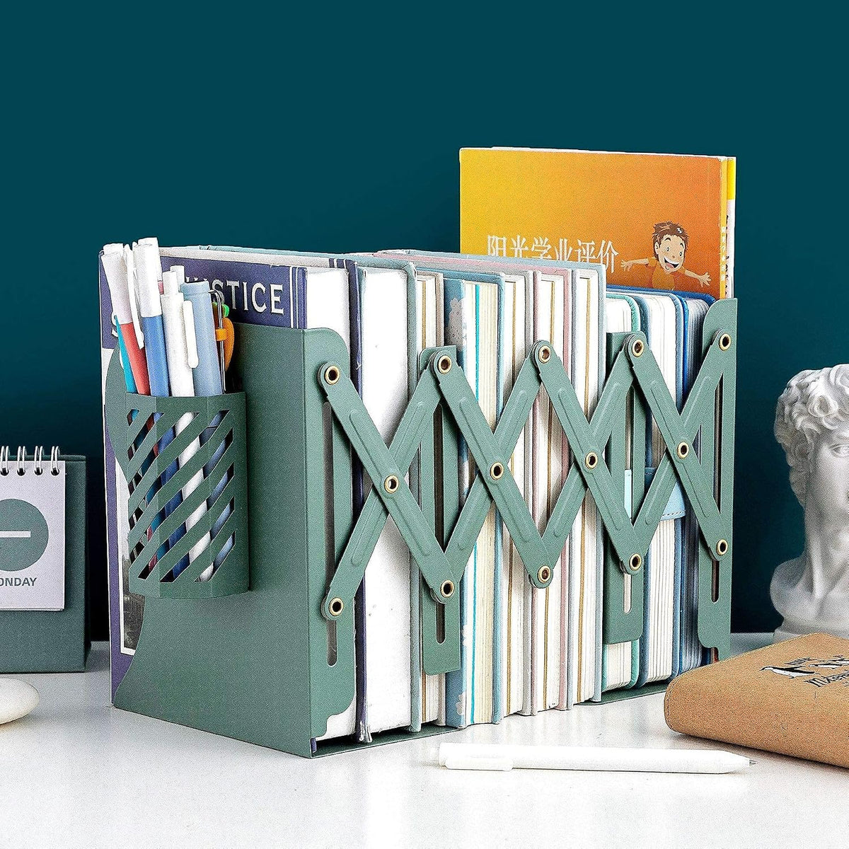 Metal Iron Book Ends Adjustable Bookends for Heavy Book Holder Heavy Duty Bookends Nonskid Bookcase Desktop Book Organizer Binder Holder (Green)