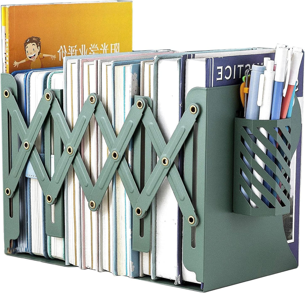 Metal Iron Book Ends Adjustable Bookends for Heavy Book Holder Heavy Duty Bookends Nonskid Bookcase Desktop Book Organizer Binder Holder (Green)