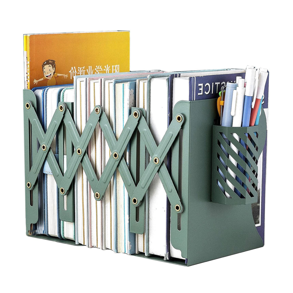 Metal Iron Book Ends Adjustable Bookends for Heavy Book Holder Heavy Duty Bookends Nonskid Bookcase Desktop Book Organizer Binder Holder (Green)